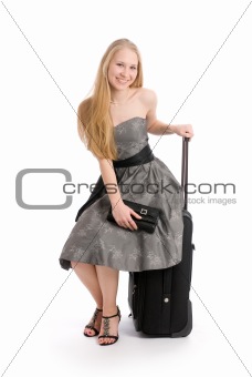 young woman with travel case isolated on white background