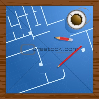 Vector illustration of blueprint, pencils and cup of coffee