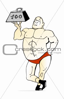 Funny cartoon vector illustration of bodybuilder lifting weight