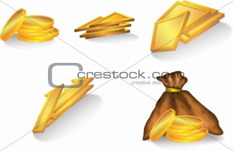 set of gold elements : coins, bag, trapeze, triangle
