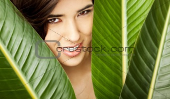 Girl smiling face leaves