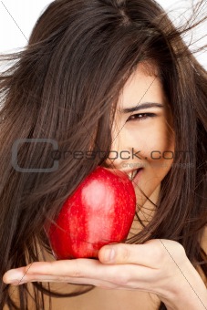 smiling female red apple