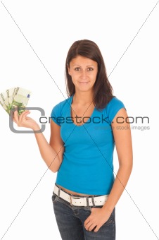 Attractive young girl with euro banknotes in her hand