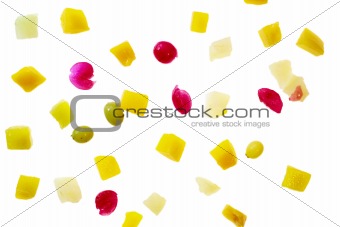 Pieces of fruits on white.