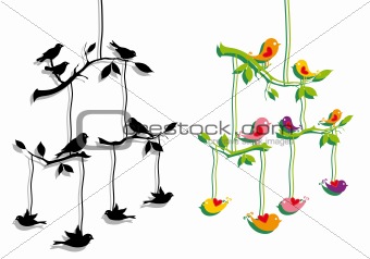 birds with tree branch, vector