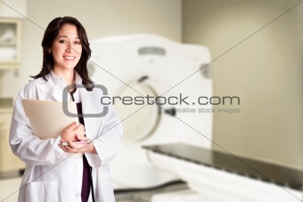 Female doctor radiologist at CT CAT scan with chart