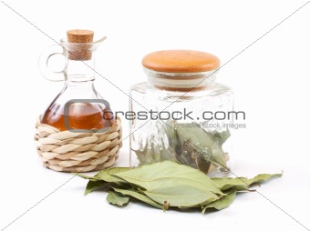 vinegar bottle and laurel leaf on the white