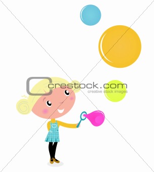 Cute blond little Girl blowing colorful Soap Bubbles isolated on