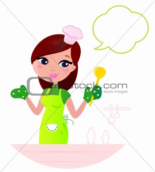 Young beautiful woman with speech bubble cooking in the kitchen
