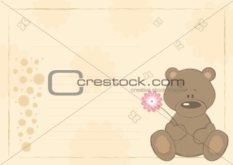 Teddy bear with flower (postcard), vector illustration