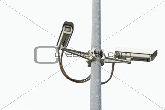 two security cameras on white