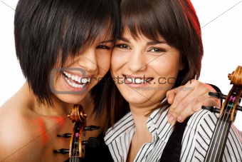 cheek to cheek smiling violinists