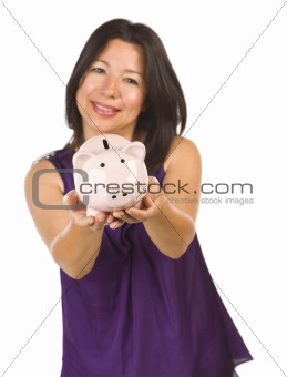 Smiling Hispanic Woman Holding Piggy Bank Isolated on a White Background.