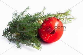 Christmas decoration - red ball and pine needles