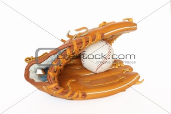 Baseball catcher mitt with ball inside isolated on white backgro