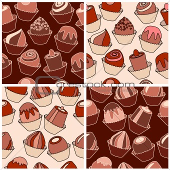 Set of seamless patterns with different chocolate sweets.