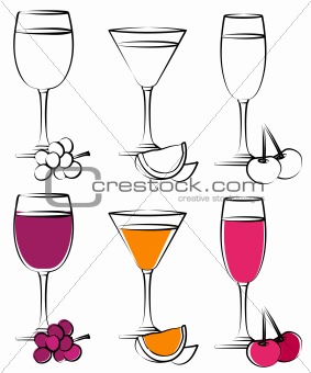 Set of cocktail glasses on white