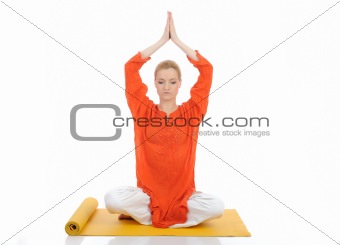 series or yoga photos. young meditating woman on yellow pilates 