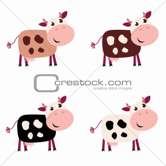 Cute cow set in 4 different colors isolated on white background
