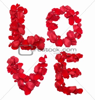 Red rose petals set in word LOVE