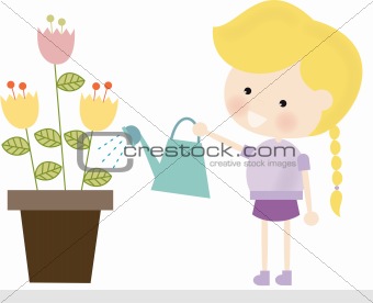 Blonde Girl Watering Flowers