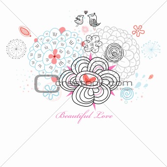 floral greeting card with lovers birds