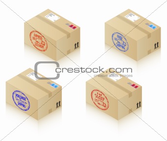 Postal boxes with shipping stamps.