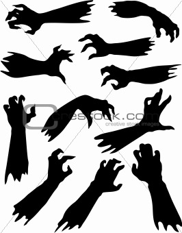 Scary zombie hands silhouettes set.