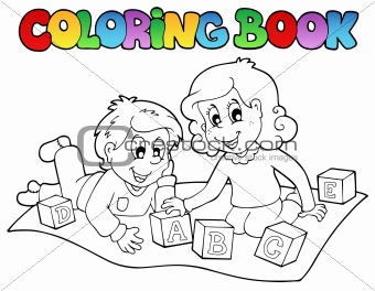 Coloring book with kids and bricks