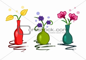 Three colorful vase with flowers - vector