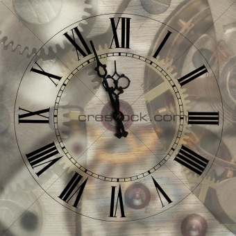 Old hours with figured arrows on mechanism blur background