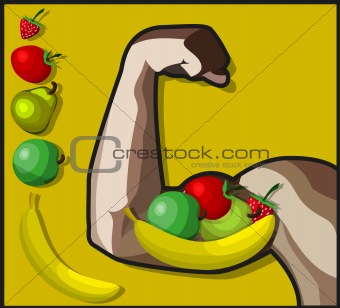 A healthy arm and a pack of vegetables and fruits