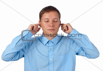 young business man in the Hear no evil pose
