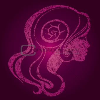 Vector pink illustration of a girl with beautiful hair 