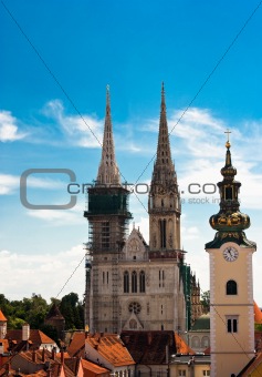 Zagreb cathedral and church tower.