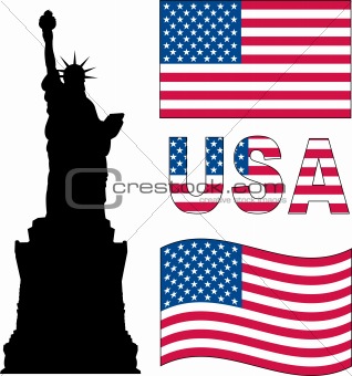 statue of liberty and USA flag