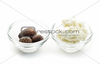 Shea butter and nuts in bowls