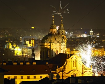 St. Nicholas church at night, New Year's Eve in Prague, Czech Republic