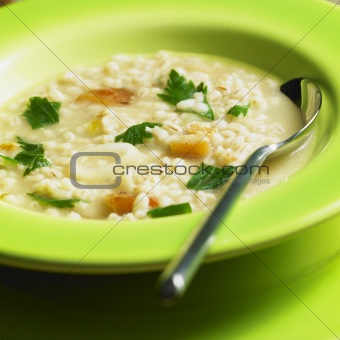pot barley soup with pork meat pieces