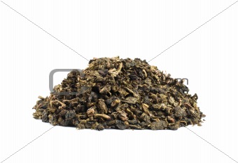 Heap of black tea over white background