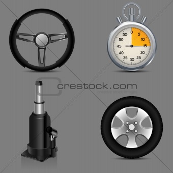 jack, steering wheel, car wheel and stop watch