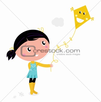 Little cute girl Flying Kite isolated on white
