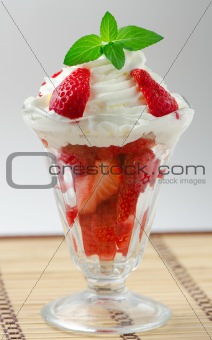 fresh chopped strawberries with whipped cream and mint in glasswares 