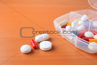 Assorted pill box close up