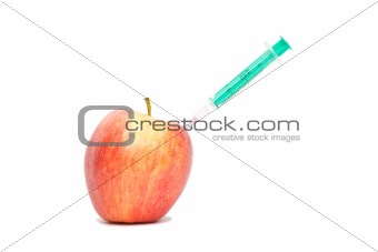 Red apple with injection isolated on white