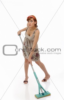 Beautiful angry house woman cleaning the floor. isolated