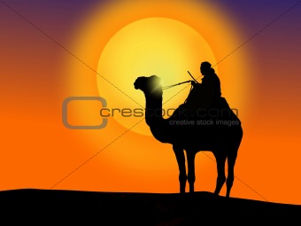 A camel and a man at sunset.