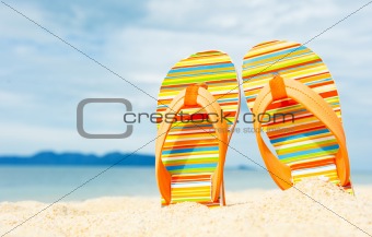 Beach sandals on the sandy sea coast