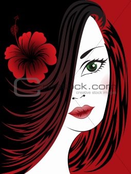Black and red background with a woman