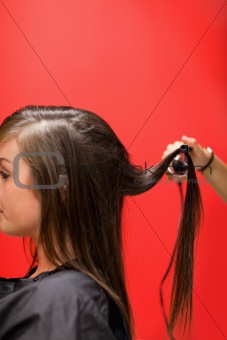 Portrait of a woman having her hair straightened